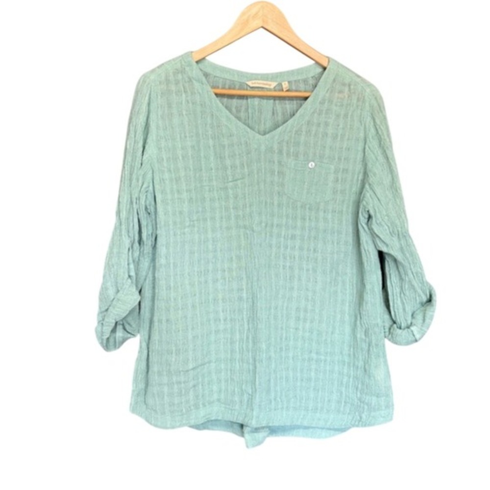 Soft Surroundings Sage Green Linen Blend Gauze V-Neck Roll Tab Sleeve Top S